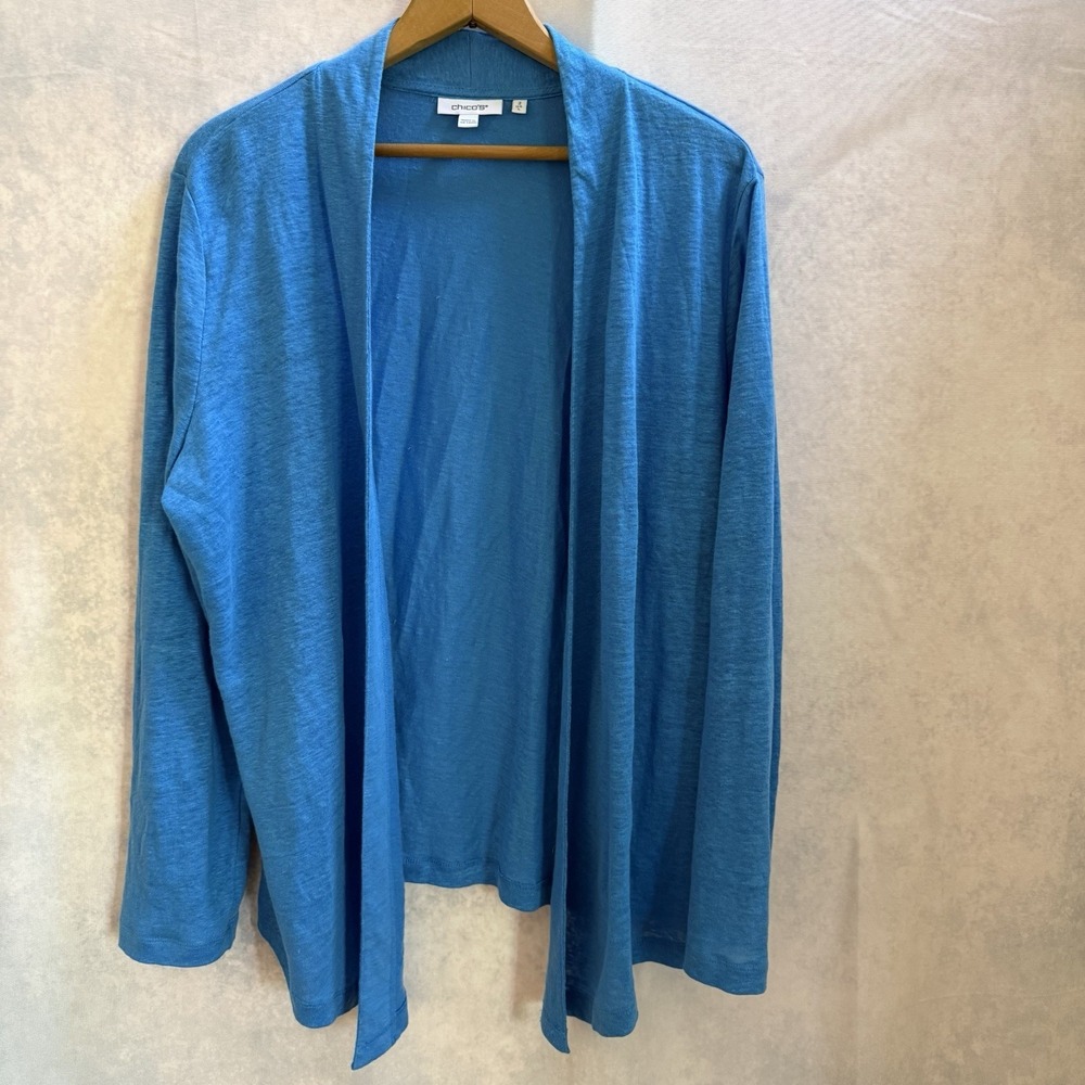 Chicos Open Front Cardigan 100% Linen SZ 2 Large Blue Lightweight Resort Beach